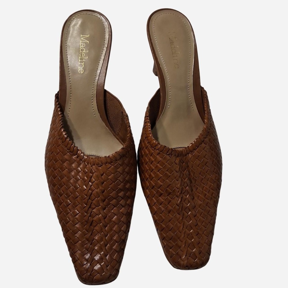 Womens Madeline brown woven leather mules with 3.5" heel